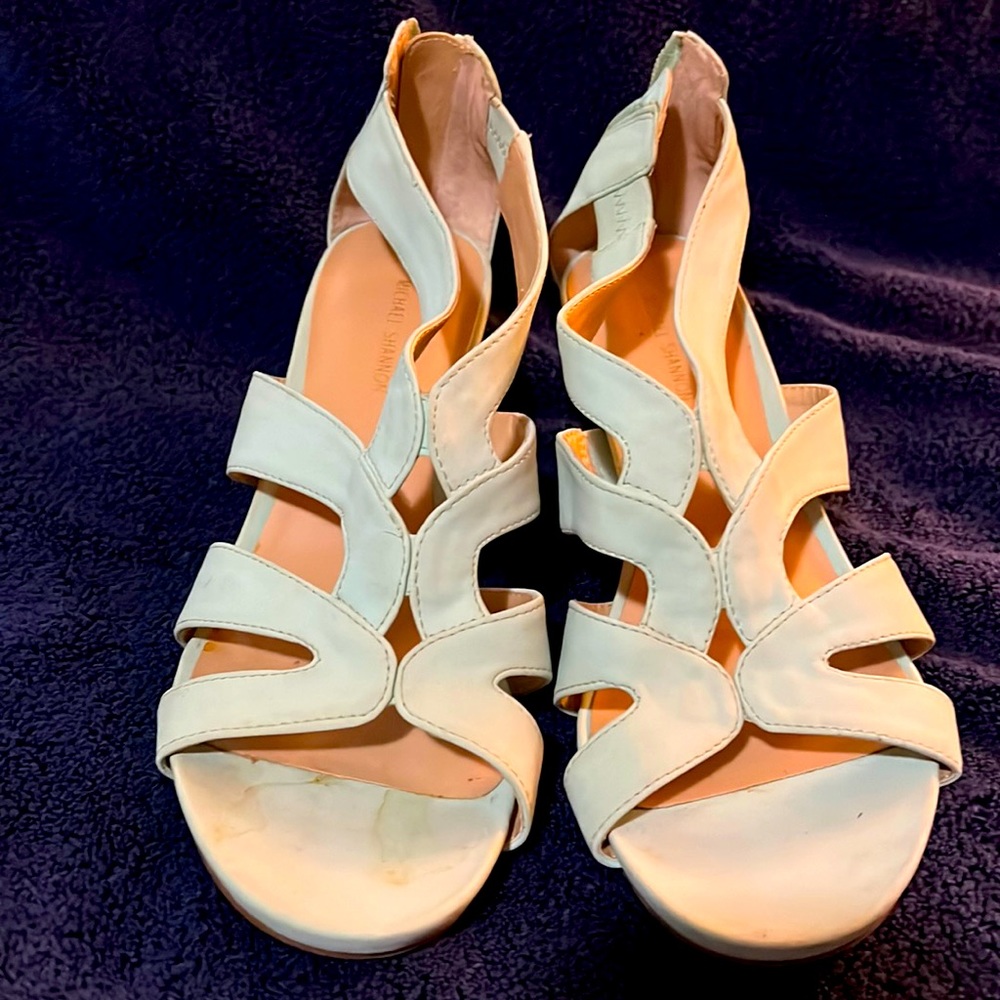 Women’s light green /blue suede back zipper 3” cork wedges Michael Shannon’s